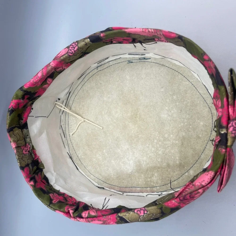 Vintage Pink Floral Pillbox Hat Metallic Gold Olive Green Pleated Bow 1960s